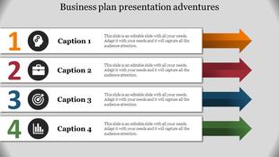 A business plan presentation slide with numbered sections, each featuring icons and captions to engage the audience.