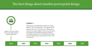 Timeline PowerPoint slide with labeled years from 2014 to 2020, featuring an icon and a caption.
