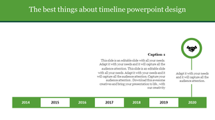 Horizontal timeline with years from 2014 to 2020 in green and white blocks, featuring a circular handshake icon