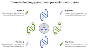 Technology themed layout with four captions around a central gray icon, featuring green and blue abstract shapes.