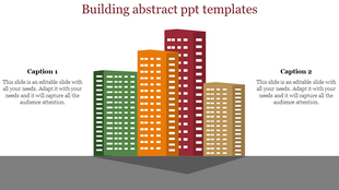 Illustration of colorful buildings in green, orange, red, and beige, set on a gray platform with two captions on both sides.