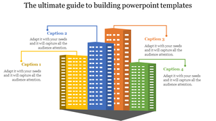 Building PowerPoint template featuring colorful skyscrapers with four caption boxes, each representing a different concept.