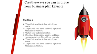 A creative business plan keynote slide with a rocket graphic and text options.