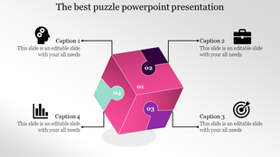 Pink 3D cube puzzle design with four colorful segments labeled and captions connected by lines, set on a light background.