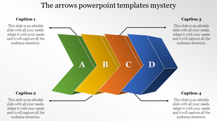 PowerPoint template featuring four colorful arrows with labeled sections and captions.