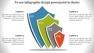 Infographic PowerPoint design slide featuring a series of colorful shield like shapes labeled with steps 1 to 4.