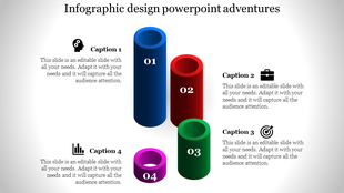 3D infographic with vertical cylinders in blue, red, green, and purple, each paired with icons and descriptive text.