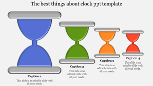 Four hourglass clock graphics in blue, green, orange, and red with captions areas below each.