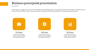 Experience timeline slide with three orange icons for business, settings, and growth, labeled 15, 10, and 20 years.