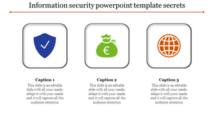 Information security icons including a shield, currency bag, and globe, with labeled sections beneath each icon.