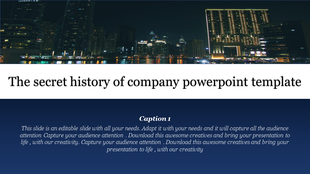 Night time company template cityscape with skyscrapers reflecting on the water, placed above a navy blue text block.