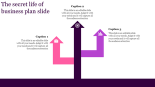 Three upward arrows in pink, purple, and violet with icons, representing paths on a white background and dark footer.