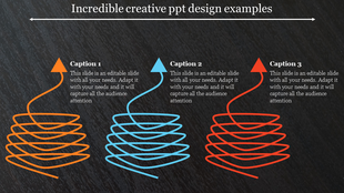 Creative slide design with three stacked spiral shapes in orange, blue, and red, each paired with captions areas.