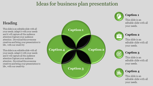 Four leaf clover layout with green and black petals on a light gray background, and four captions on the right.