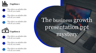 Business-themed slide with a focus on captions and icons on the left, complemented by a blurred laptop photo on the right.