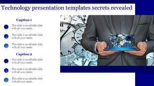 Technology slide featuring a businessman holding a tablet, showing clock visuals, and blue gradient bullets and captions.