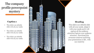 Modern slide layout with a 3D cityscape centerpiece and editable caption and heading blocks on a clean white background.