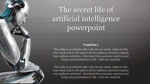 Reflective silver robot sitting thoughtfully on a textured gray background with a clean, minimalist layout.