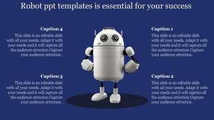 Slide design featuring a cute white robot in the middle, surrounded by four text placeholders on a blue backdrop.