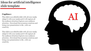 PowerPoint slide illustrating AI concepts with a brain icon inside a human head silhouette with caption text.