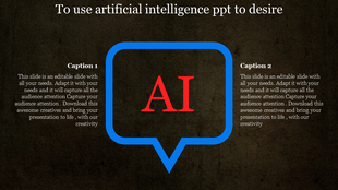 Artificial intelligence PowerPoint template featuring bold AI in red within a blue outline and descriptive text captions.
