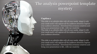 Futuristic analysis template featuring a robotic head design with detailed wiring, alongside captions and text.