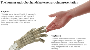 Template featuring a human hand reaching out to a robotic hand for a handshake with caption areas.