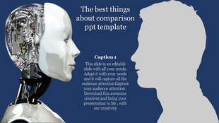 A comparison slide with a robot on the left and a human silhouette on the right, featuring caption text in the center.