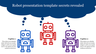 Slide design with three colorful robot figures and a thought bubble above, offering  caption areas.