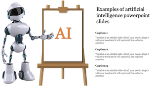 A robot points to a flip chart displaying AI while three placeholder captions are listed on the right.