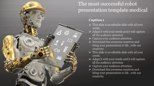 Robot with golden and silver parts holding a transparent screen displaying medical icons, with text on a gray background.