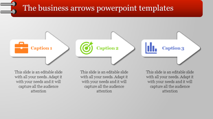 Horizontal arrow diagram with captions below, highlighting a briefcase, a target icon, and a bar chart for business steps.