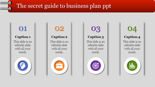 Business plan guide slide featuring four segments with numbered labels, descriptive captions, and visual icons.