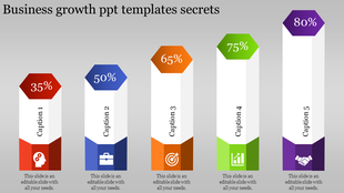 Business growth metrics illustrated using colorful pillars with percentages and icons placed in a grey backdrop.