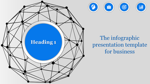 Slide using a circular infographic template to visualize data, with a central circle for a heading and connected nodes.