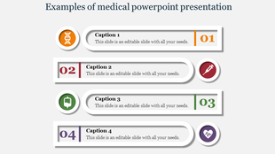 Four horizontal rounded rectangles, with colorful circular icons, and numbered captions in orange, red, green, and purple.