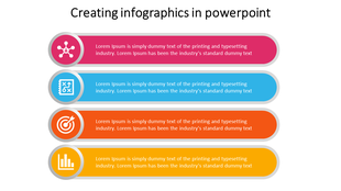 Creating infographics in PowerPoint with four colorful icons representing network, strategy, target, and data analysis.
