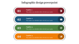 Four horizontal colored sections in red, blue, green, and orange, each with numbers, icons, and captions.