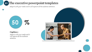 Executive template with a large percentage graphic, a laptop image of a handshake, and overlapping circular shapes.
