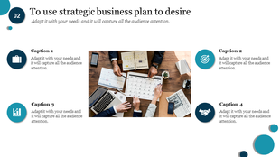 Strategic business plan slide with icons representing various sections featuring a photo of hands working on a plan.