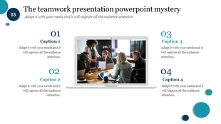 Team meeting image displayed on a laptop, surrounded by four numbered captions and decorative blue circles.