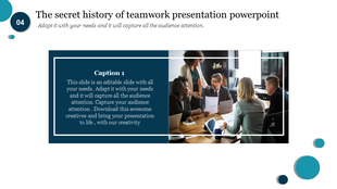 Slide featuring a rectangular image with a group discussion scene and blue caption area, bordered by teal circular elements.