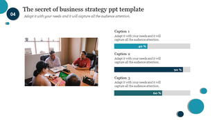 Business meeting image on the left, three horizontal progress bars in blue and gray on the right displaying percentages.