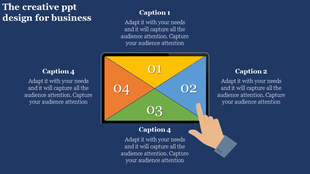 Interactive tablet design for business with four color sections in orange, blue, green, and yellow linked to captions areas.