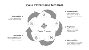 Gray circular arrow layout with five icons for stages around a central gear symbol, showing a process cycle.