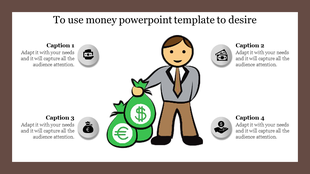 Slide with a central character holding money bags and four captions with finance-related symbols.