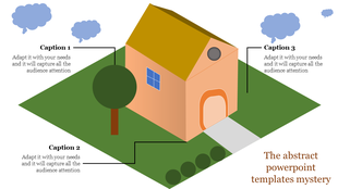 Abstract PowerPoint template featuring an illustration of a house surrounded by trees and clouds, with caption areas.