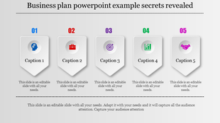 Business plan slide featuring five sections with icons for strategy, business tools, target goals, growth, and partnerships.