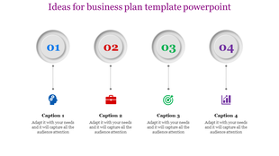 Business plan infographic with four numbered circular icons in blue, red, green, and purple, each linked to captions below.