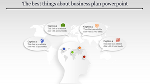 Business plan slide with a silhouette of a head, a world map and four caption connected to location markers.